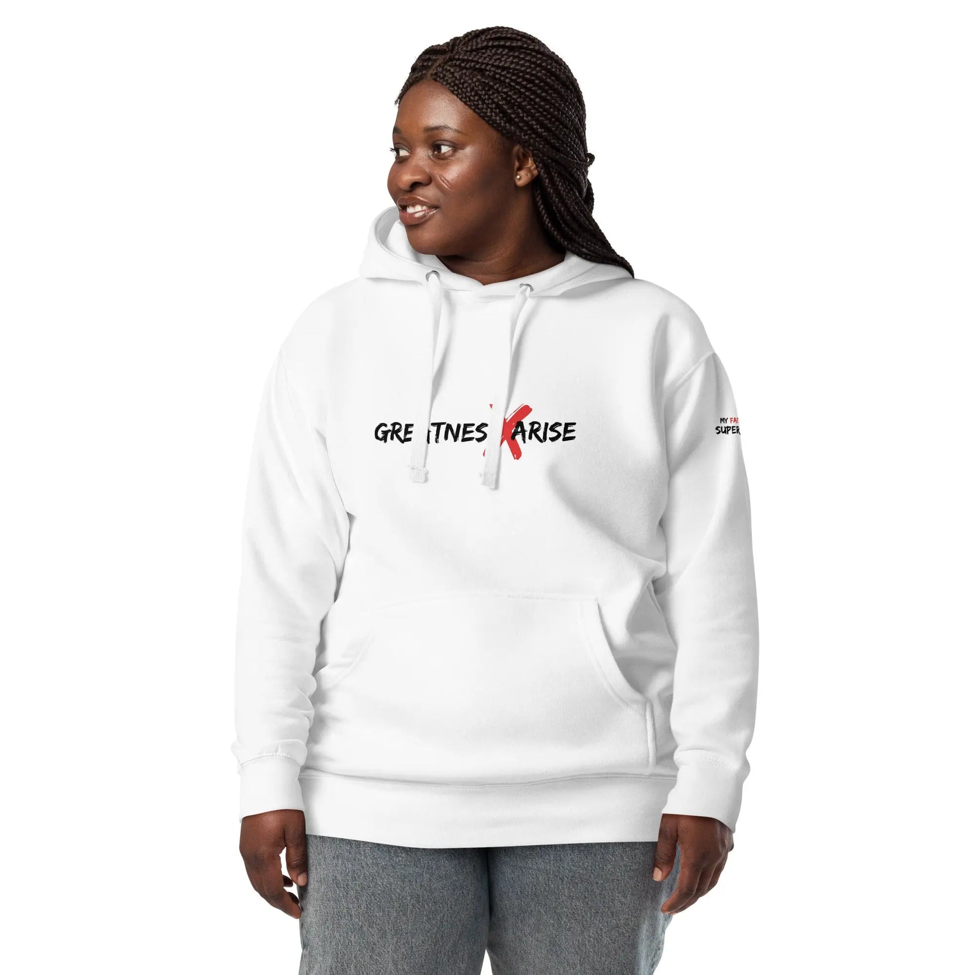 GREATNESS ARISE LOGO WHITE HOODIE - (BLACK/RED LETTERS) - Greatness Arise Apparel