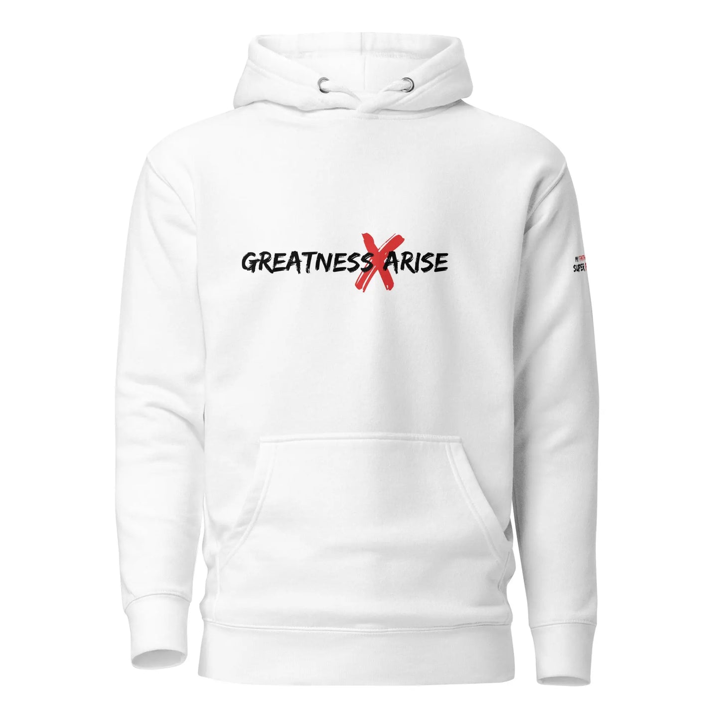 GREATNESS ARISE LOGO WHITE HOODIE - (BLACK/RED LETTERS) - Greatness Arise Apparel